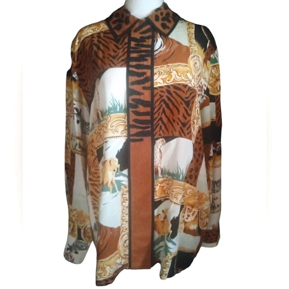 I.B. Diffusion Baroque Style Beaded Collar Button Front Silk Safari Blouse Sz 12 - Picture 1 of 9